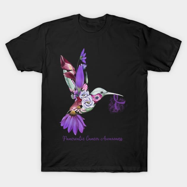 Pancreatic Cancer Awareness Humming Bird Flowers Ribbon T-Shirt by Margaretsantana